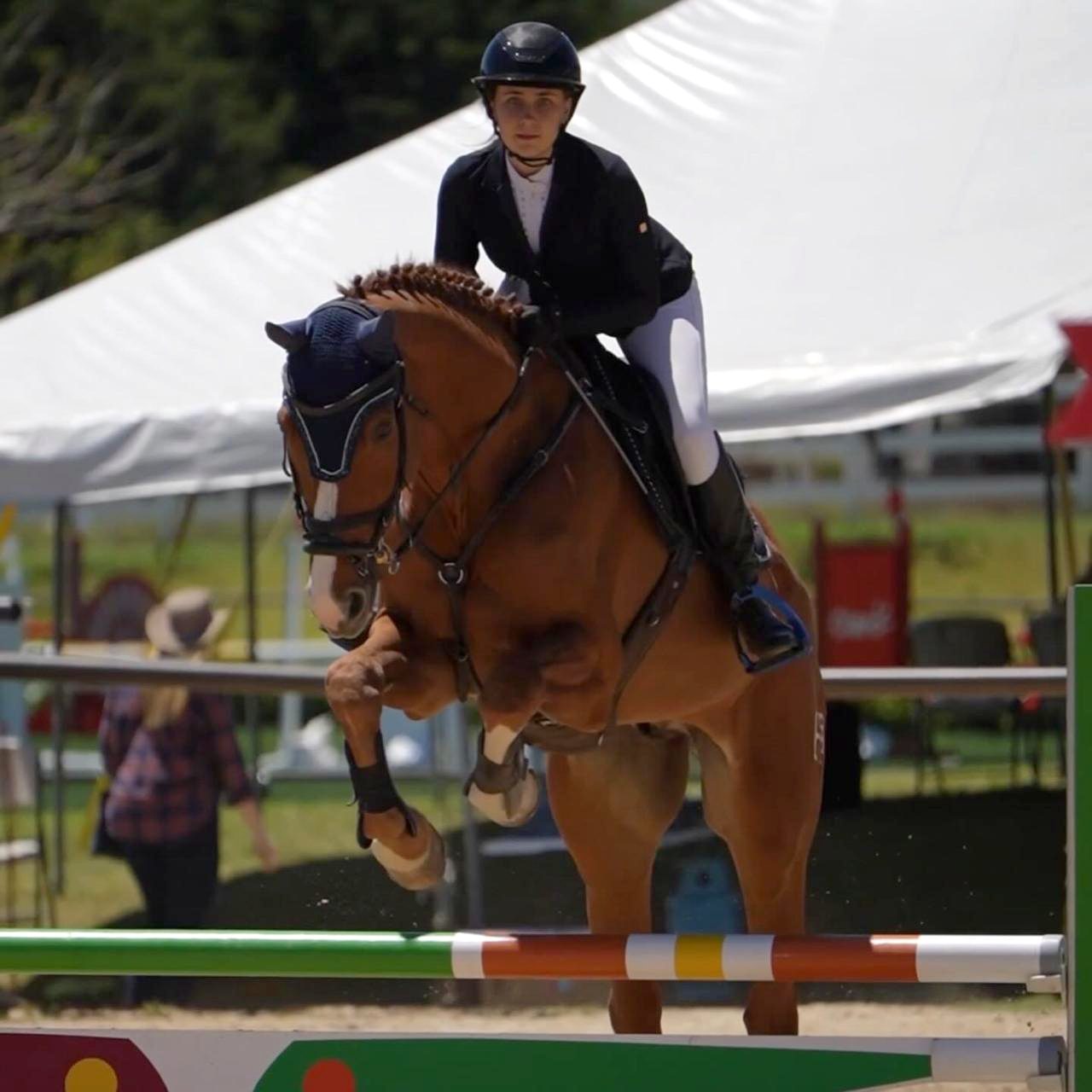 Young rider jumping at a show